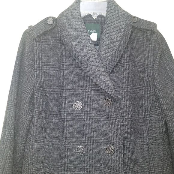 J Crew 6 Plaid Peacoat Wool Blend Shawl Collar Gray Office Fisherman Winter Y2K - Picture 3 of 8